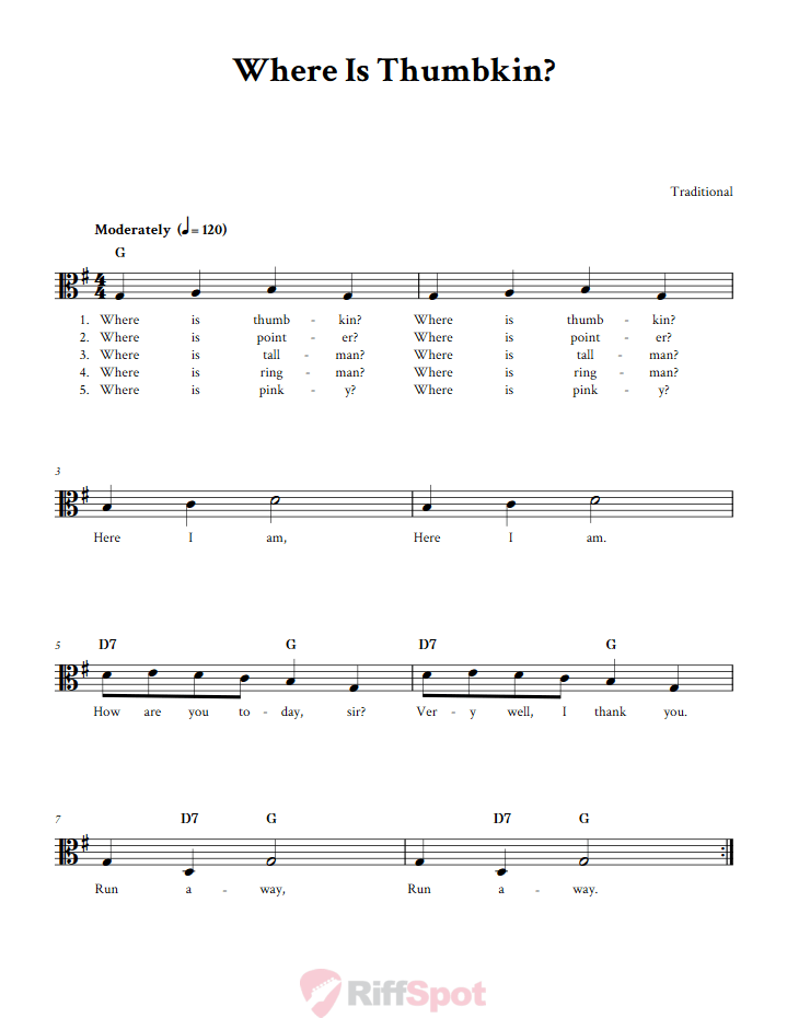 Where Is Thumbkin? Sheet Music for Viola and Other Alto Clef Instruments
