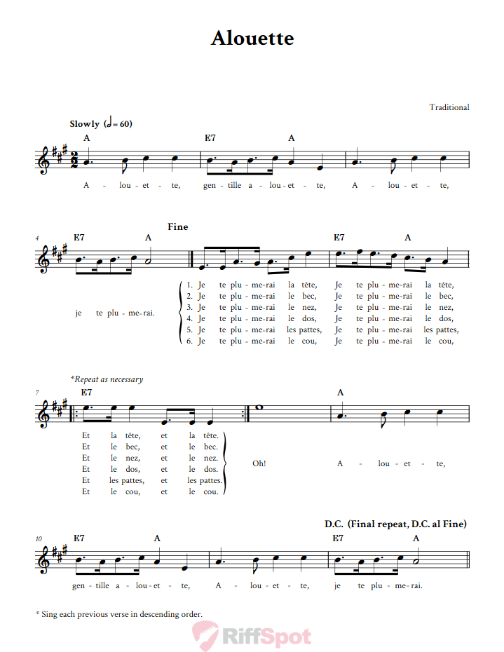Alouette Sheet Music for Clarinet, Trumpet, and Other B-flat Instruments