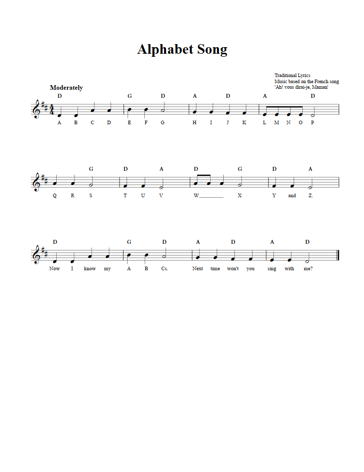 Alphabet Song Sheet Music for Clarinet, Trumpet, etc.