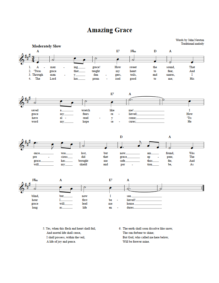 Amazing Grace Sheet Music for Clarinet, Trumpet, etc.