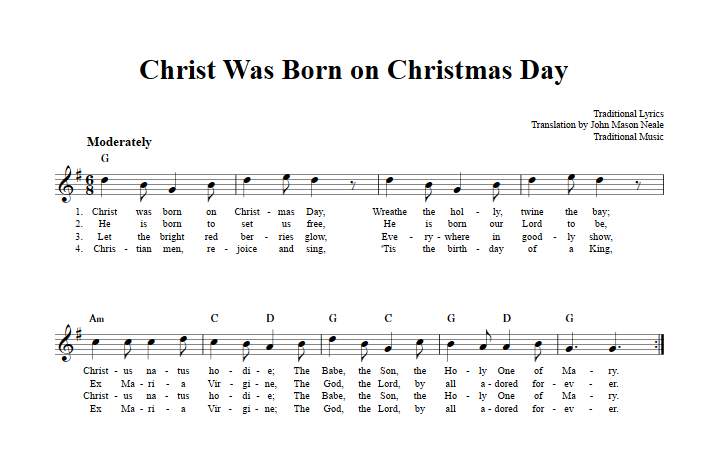 Christ Was Born on Christmas Day Sheet Music for Clarinet, Trumpet, etc.