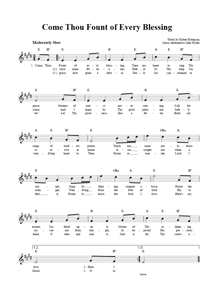Come Thou Fount of Every Blessing Sheet Music for Clarinet, Trumpet, etc.