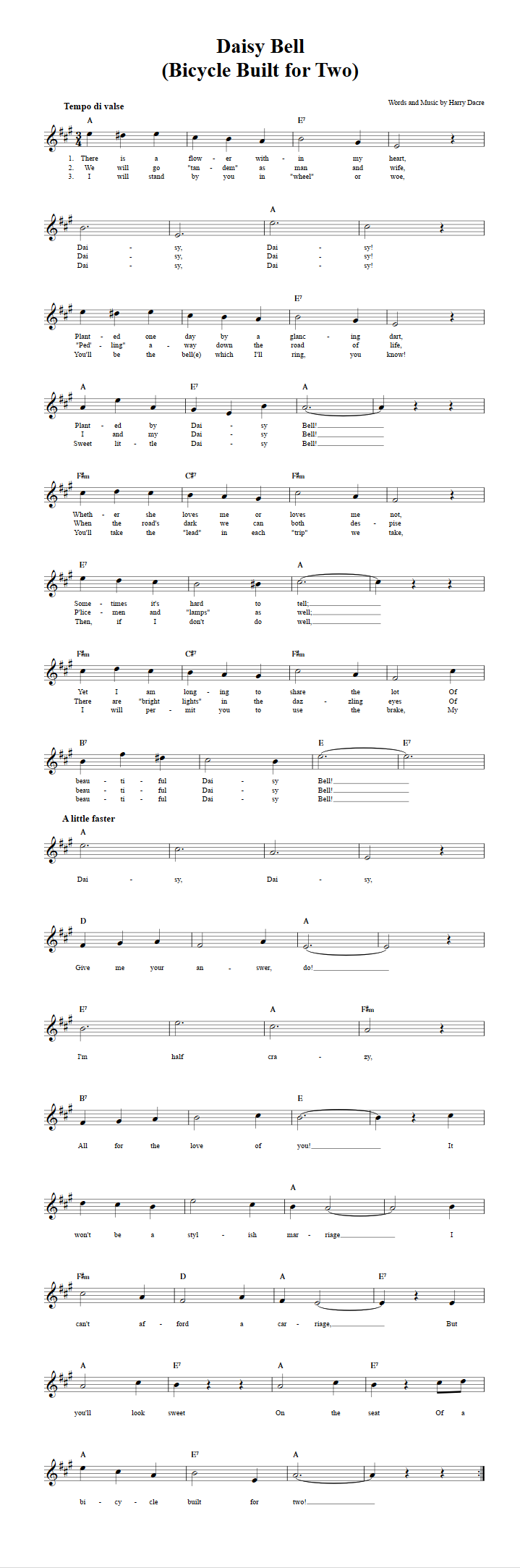 Daisy Bell Sheet Music for Clarinet, Trumpet, etc.