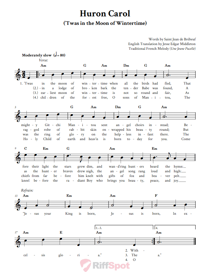 Huron Carol Sheet Music for Clarinet, Trumpet, etc.