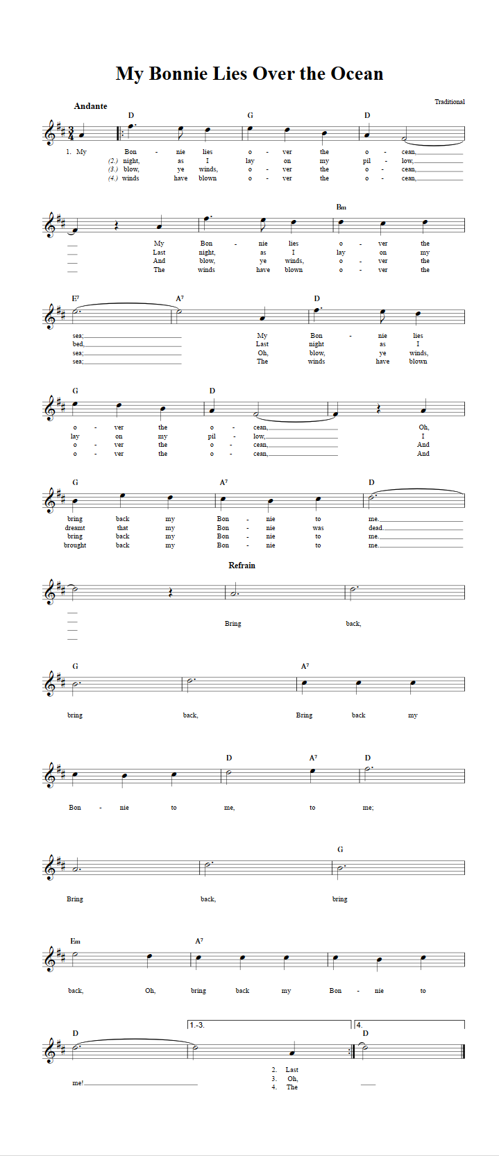 My Bonnie Lies Over the Ocean Sheet Music for Clarinet, Trumpet, etc.