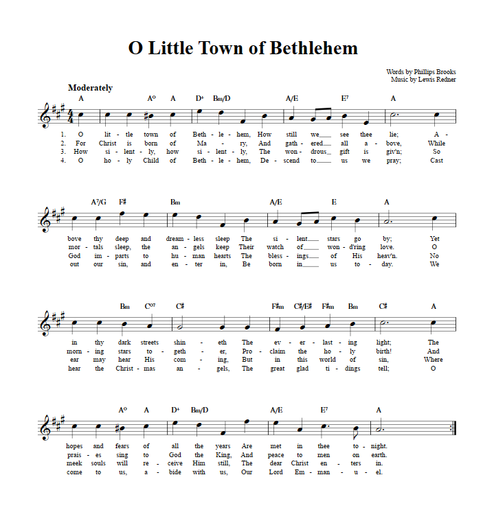O Little Town Of Bethlehem B Flat Instrument Sheet Music Lead Sheet With Chords And Lyrics