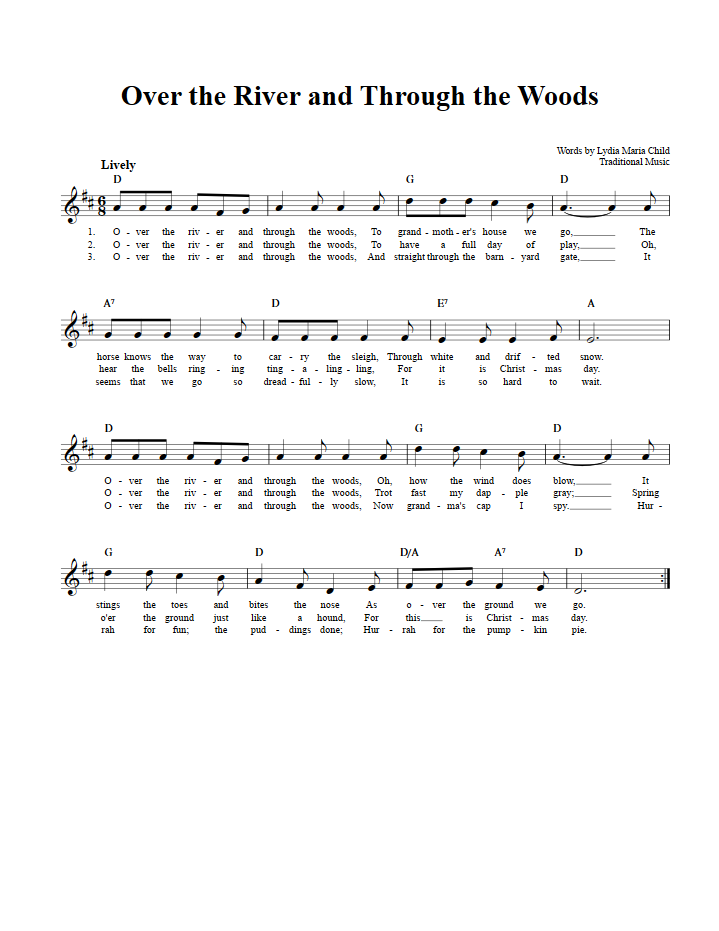 Over The River And Through The Woods B Flat Instrument Sheet Music Lead Sheet With Chords And Lyrics