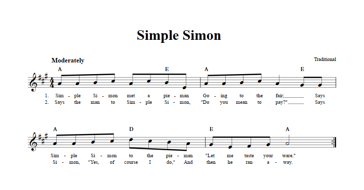 Simple Simon Sheet Music for Clarinet, Trumpet, etc.