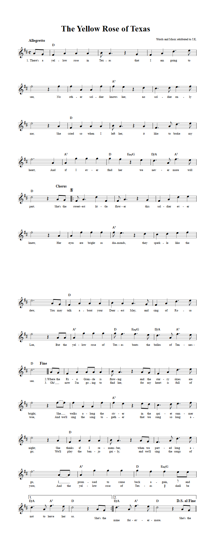 Old time song lyrics with chords for Yellow Rose Of Texas G