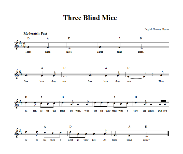 Three Blind Mice Sheet Music for Clarinet, Trumpet, etc.