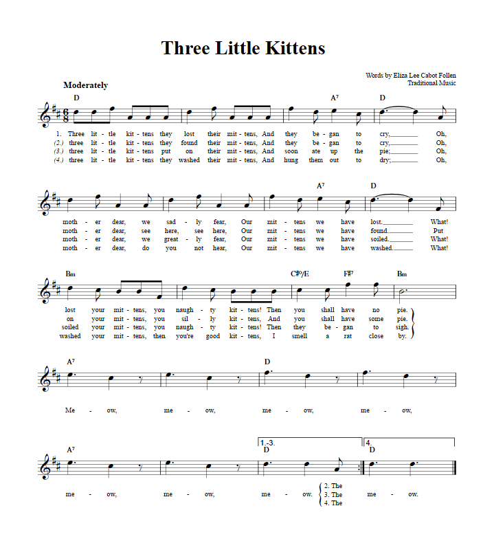 Three Little Kittens Sheet Music for Clarinet, Trumpet, etc.