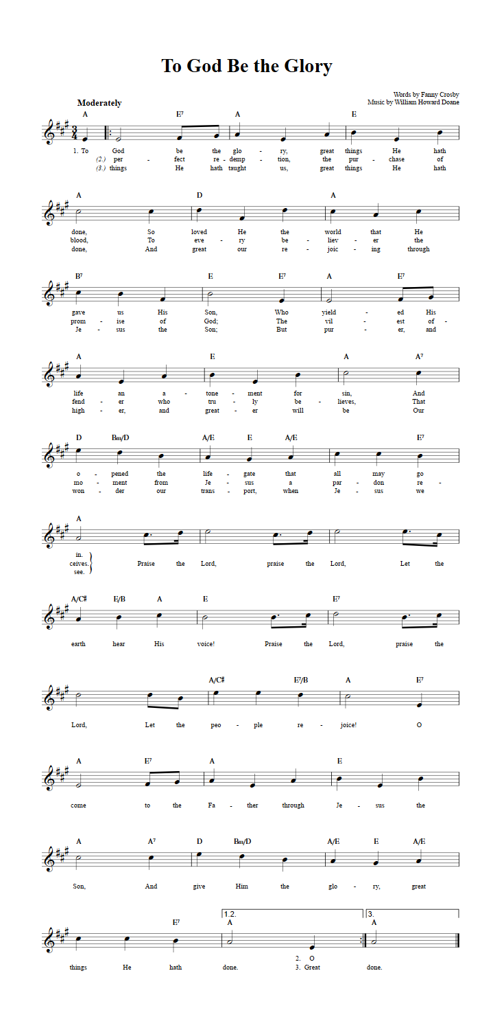 To God Be the Glory Sheet Music for Clarinet, Trumpet, etc.