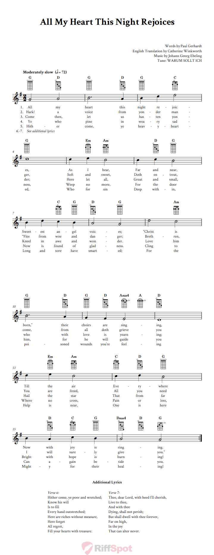 All My Heart This Night Rejoices Banjo Chords and Vocal Sheet Music