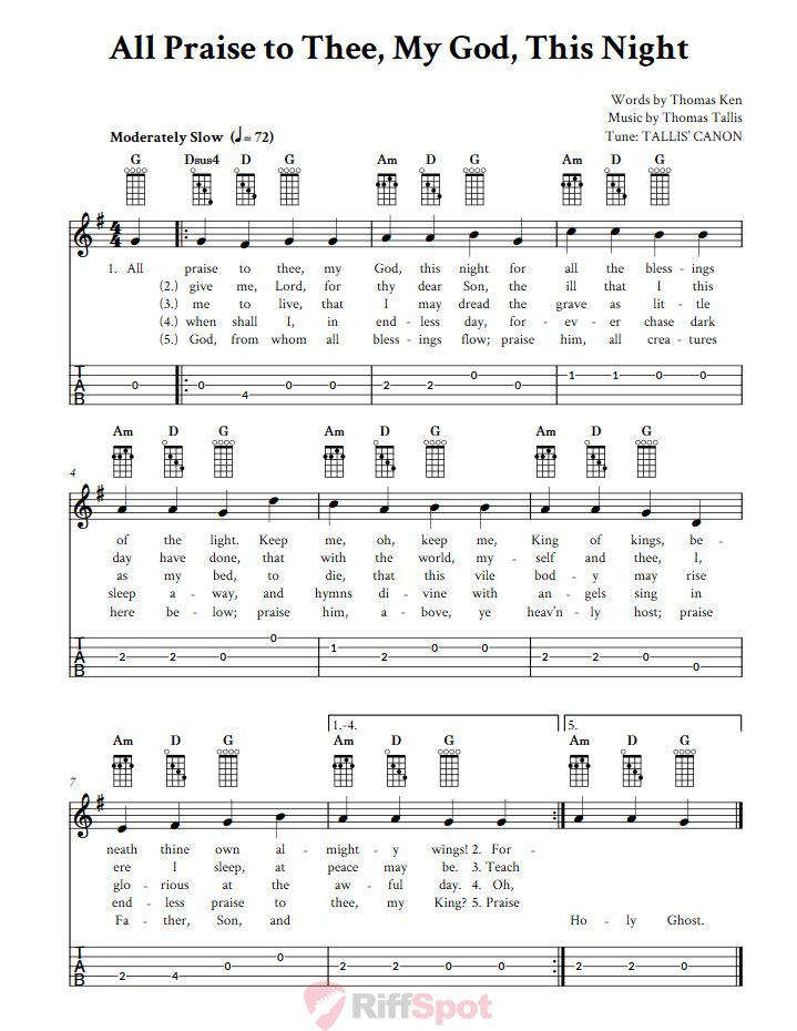 All Praise to Thee, My God, This Night  Banjo Tab