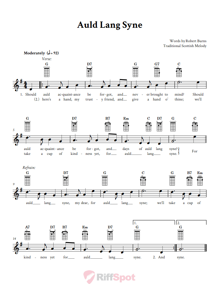 Auld Lang Syne Banjo Chords and Vocal Sheet Music