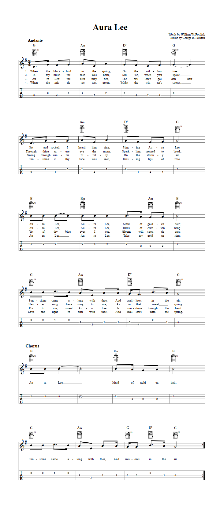 Aura Lee - Easy Banjo Sheet Music and Tab with Chords and Lyrics