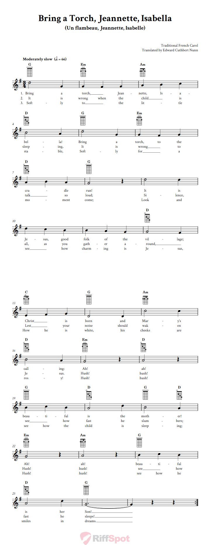 Bring a Torch, Jeannette, Isabella Banjo Chords and Vocal Sheet Music