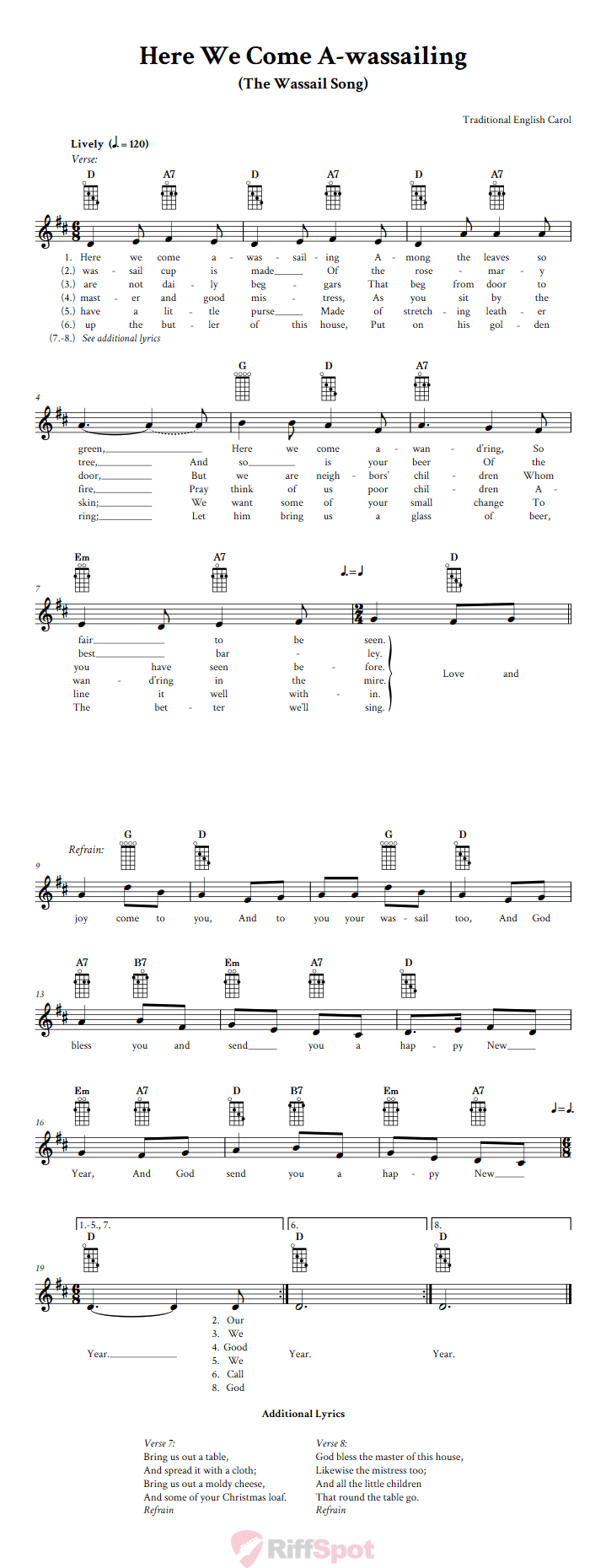 Here We Come A-wassailing Banjo Chords and Vocal Sheet Music