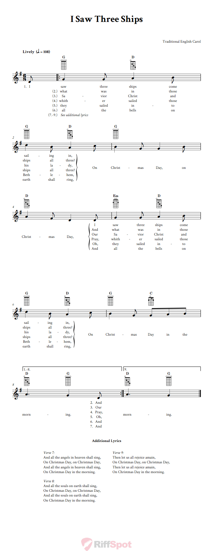 I Saw Three Ships Banjo Chords and Vocal Sheet Music