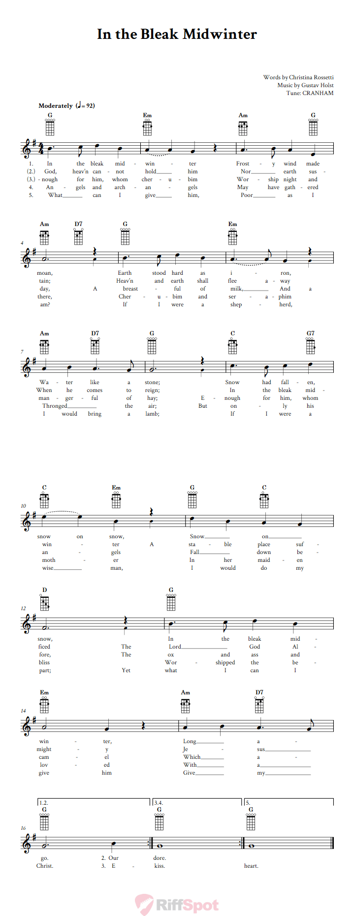 In the Bleak Midwinter Banjo Chords and Vocal Sheet Music