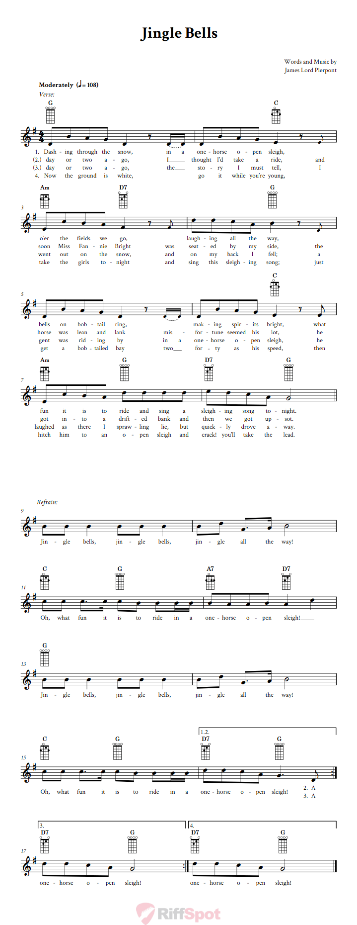 Jingle Bells Banjo Chords and Vocal Sheet Music