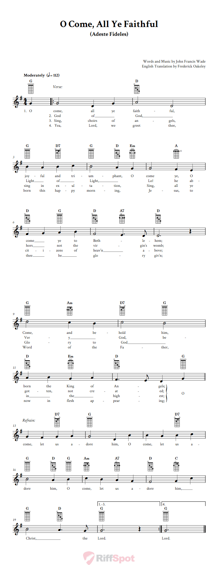 O Come, All Ye Faithful Banjo Chords and Vocal Sheet Music