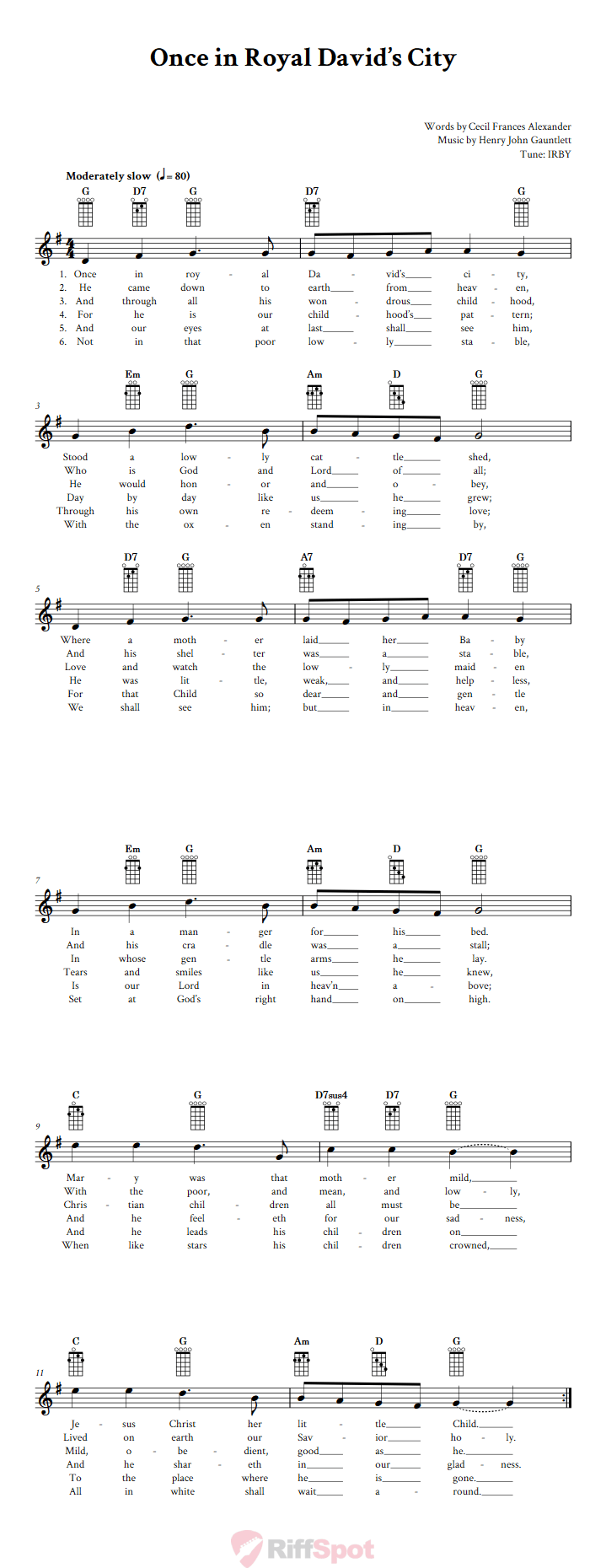 Once in Royal David's City Banjo Chords and Vocal Sheet Music