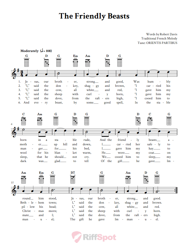 The Friendly Beasts Banjo Chords and Vocal Sheet Music