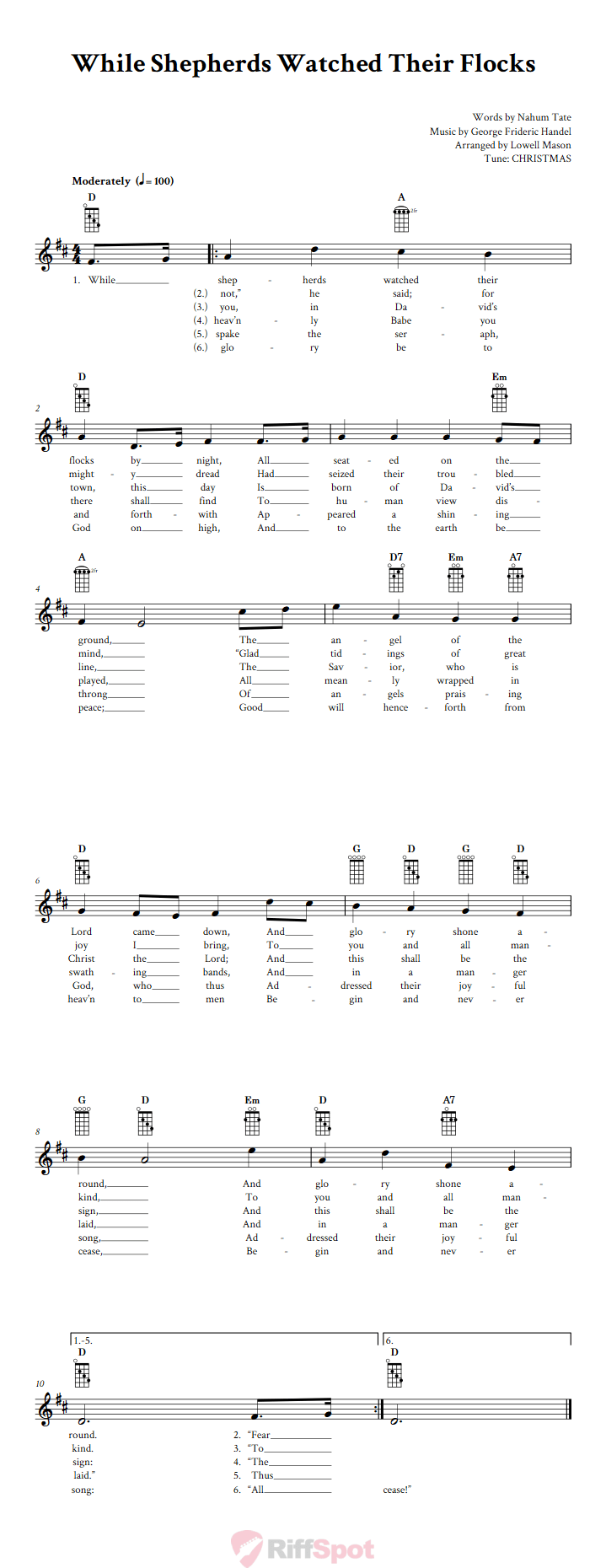 While Shepherds Watched Their Flocks Banjo Chords and Vocal Sheet Music