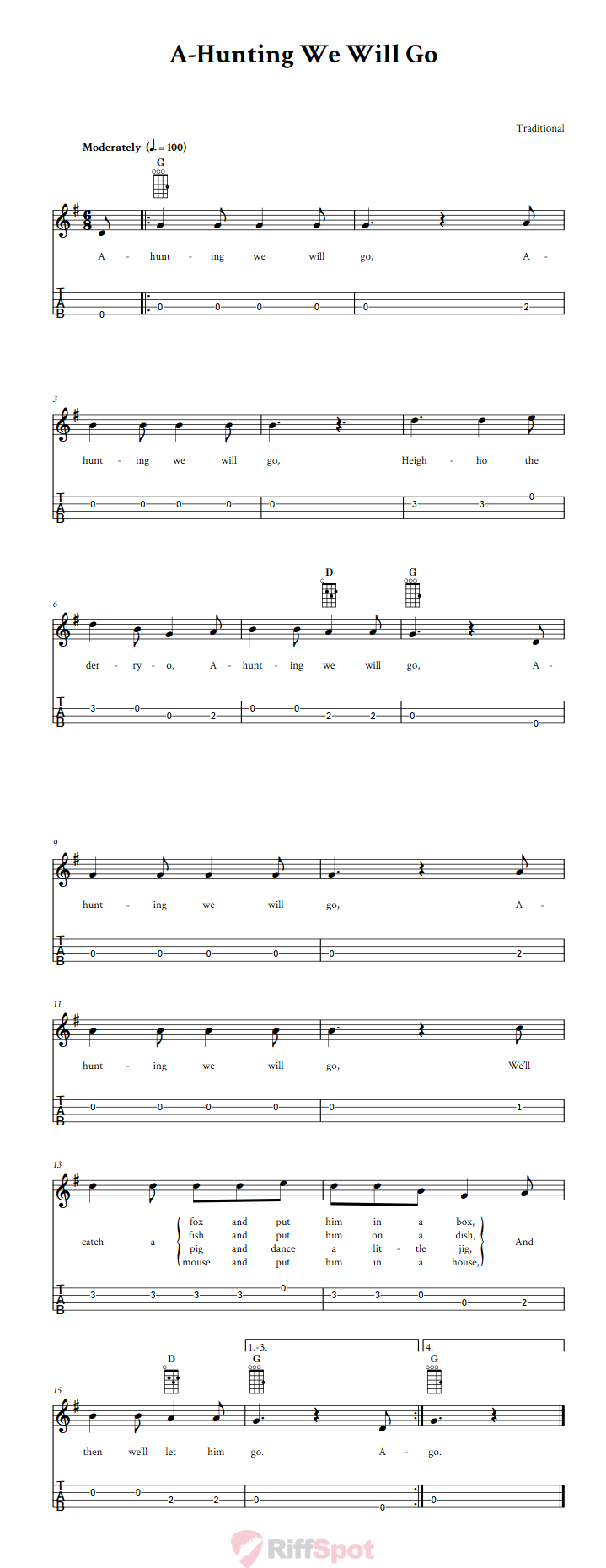 A-Hunting We Will Go Baritone Ukulele Tab