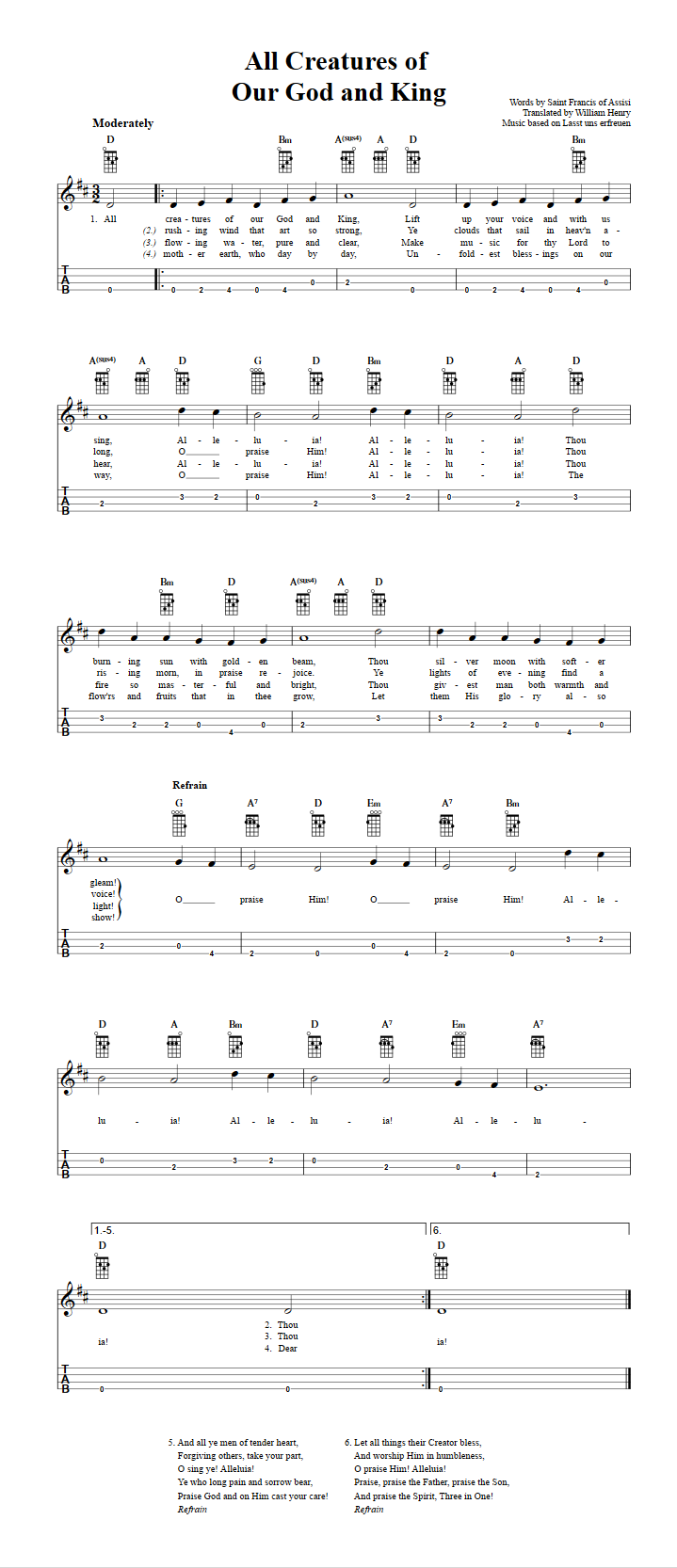All Creatures of Our God and King  Baritone Ukulele Tab