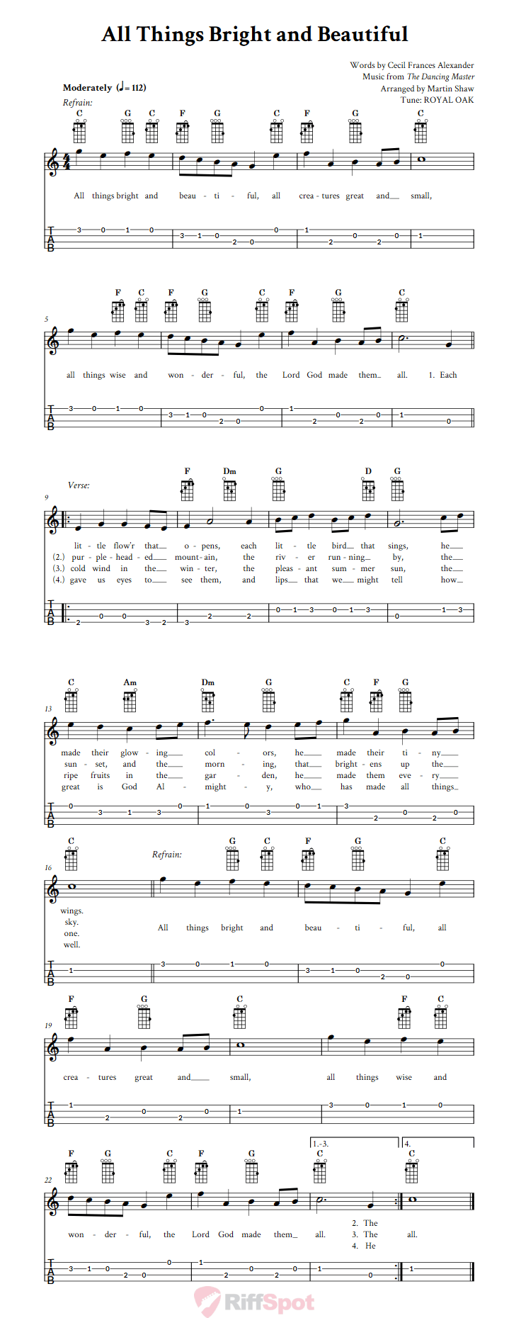 All Things Bright and Beautiful  Baritone Ukulele Tab