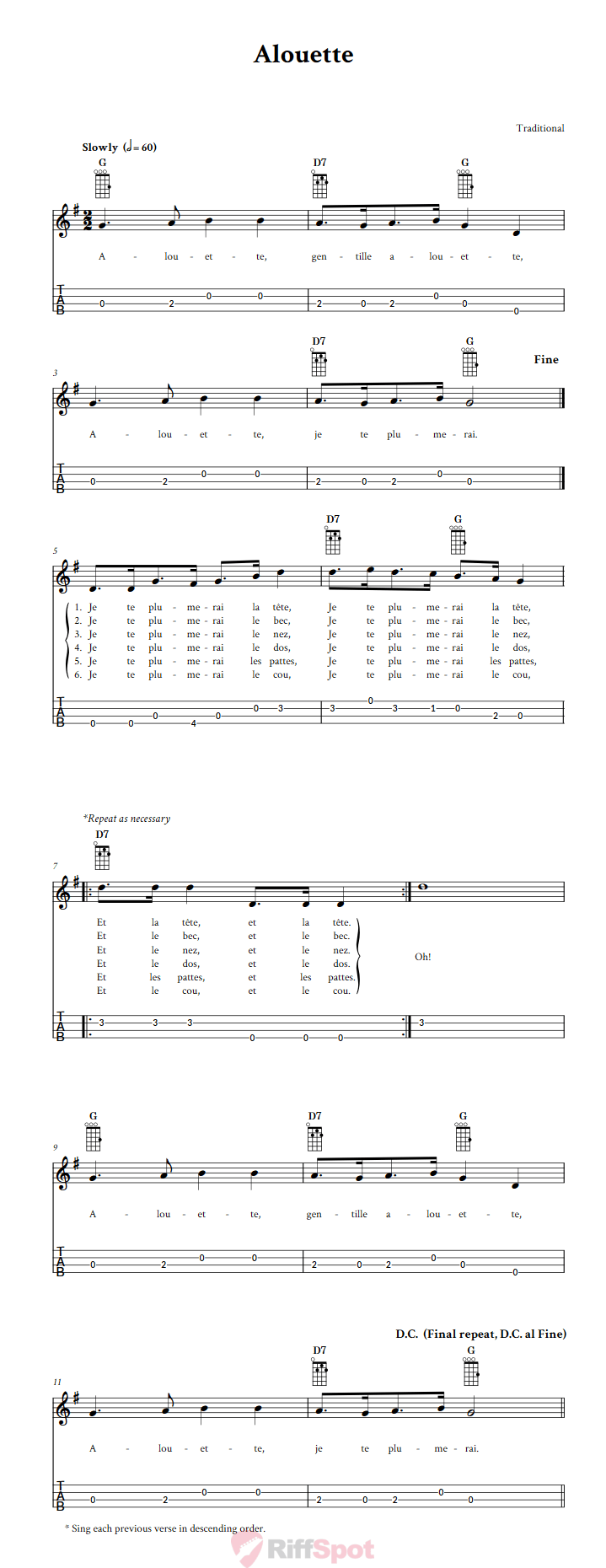 Alouette Baritone Ukulele Tab