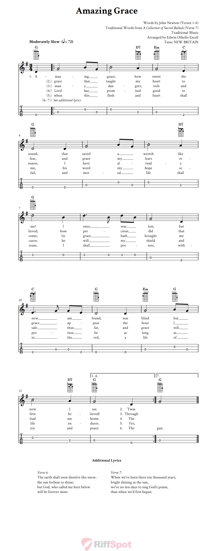 Amazing Grace Easy Baritone Ukulele Sheet Music and Tab with Chords