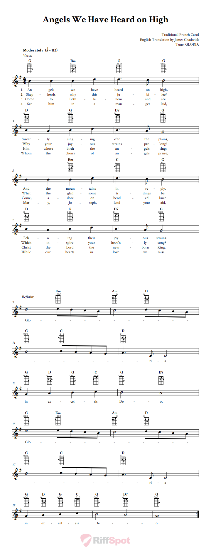 Angels We Have Heard on High Baritone Ukulele Chords and Vocal Sheet Music
