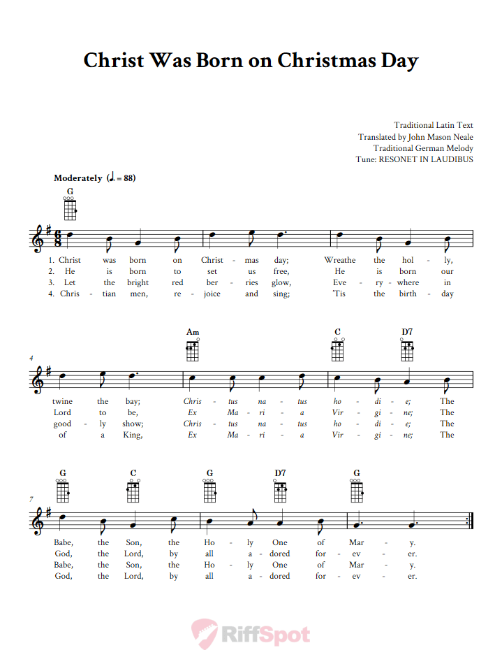 Christ Was Born on Christmas Day Baritone Ukulele Chords and Vocal Sheet Music
