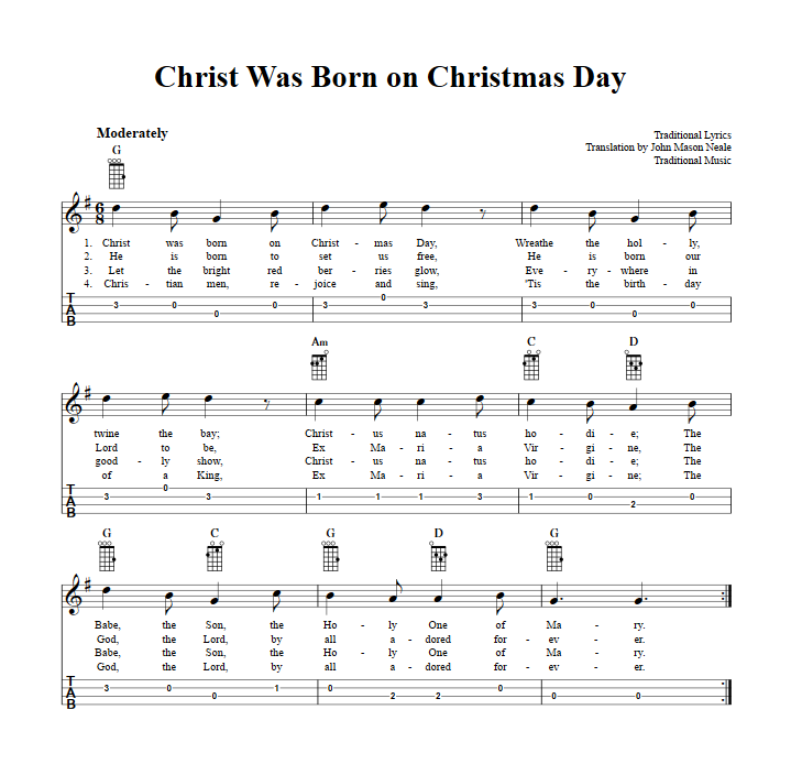 Christ Was Born on Christmas Day  Baritone Ukulele Tab