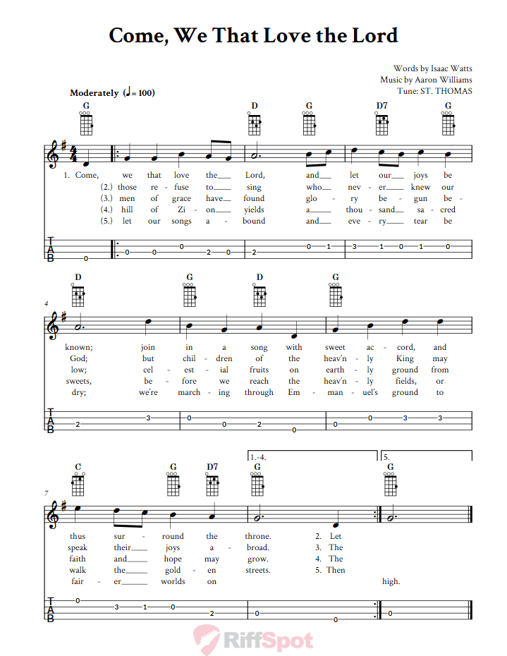 Come, We That Love the Lord  Baritone Ukulele Tab