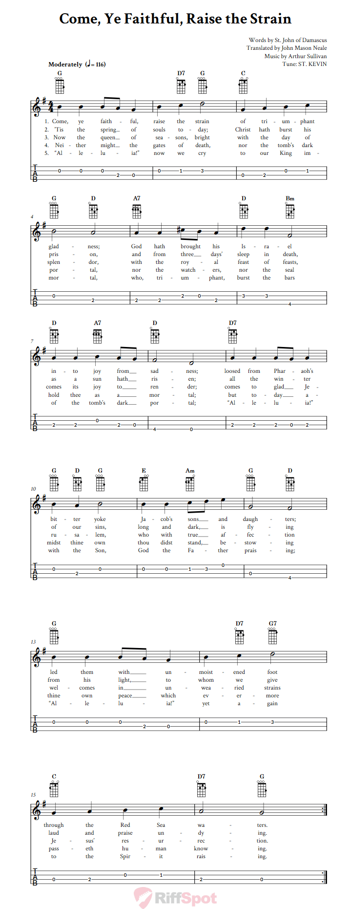 Come, Ye Faithful, Raise the Strain  Baritone Ukulele Tab