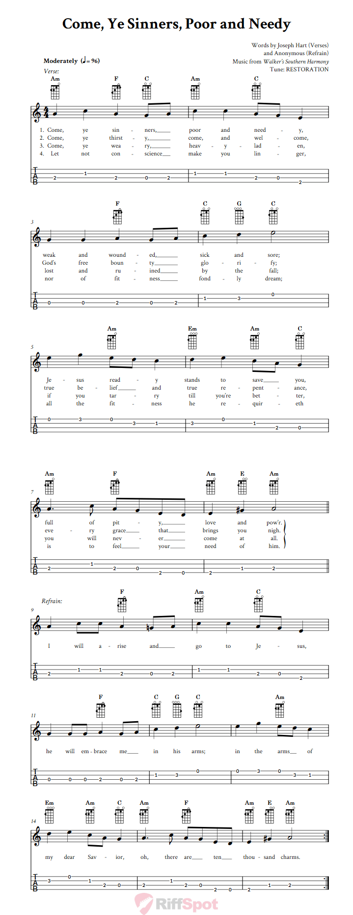 Come, Ye Sinners, Poor and Needy  Baritone Ukulele Tab