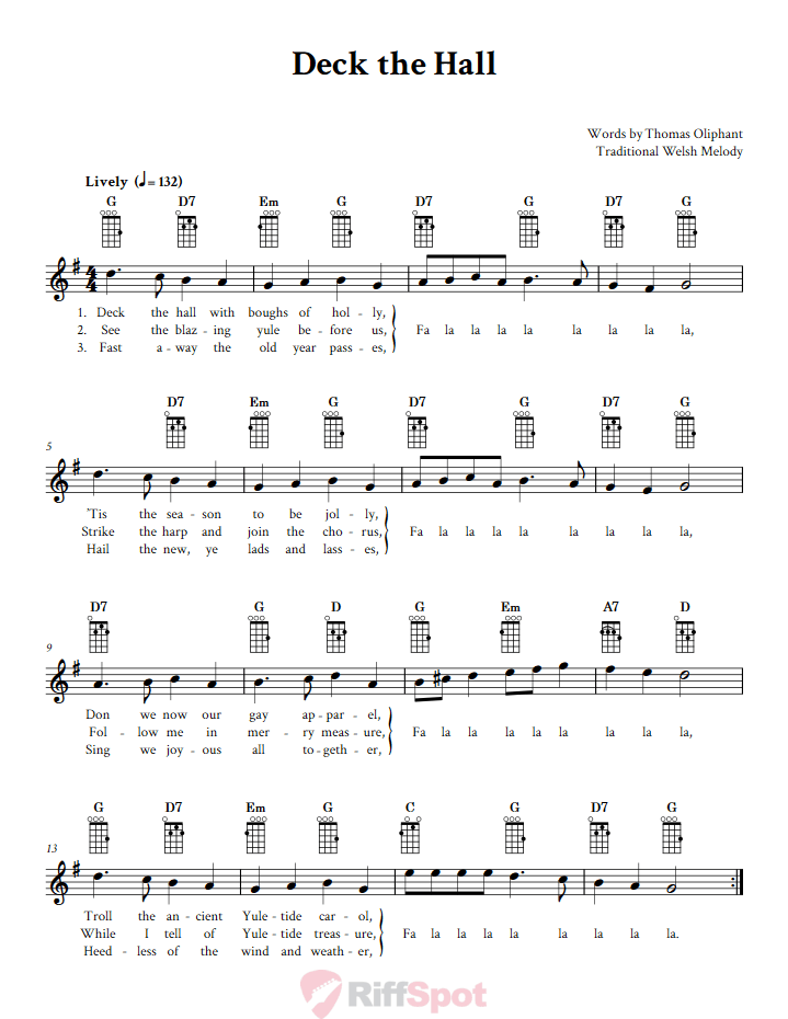 Deck the Hall Baritone Ukulele Chords and Vocal Sheet Music