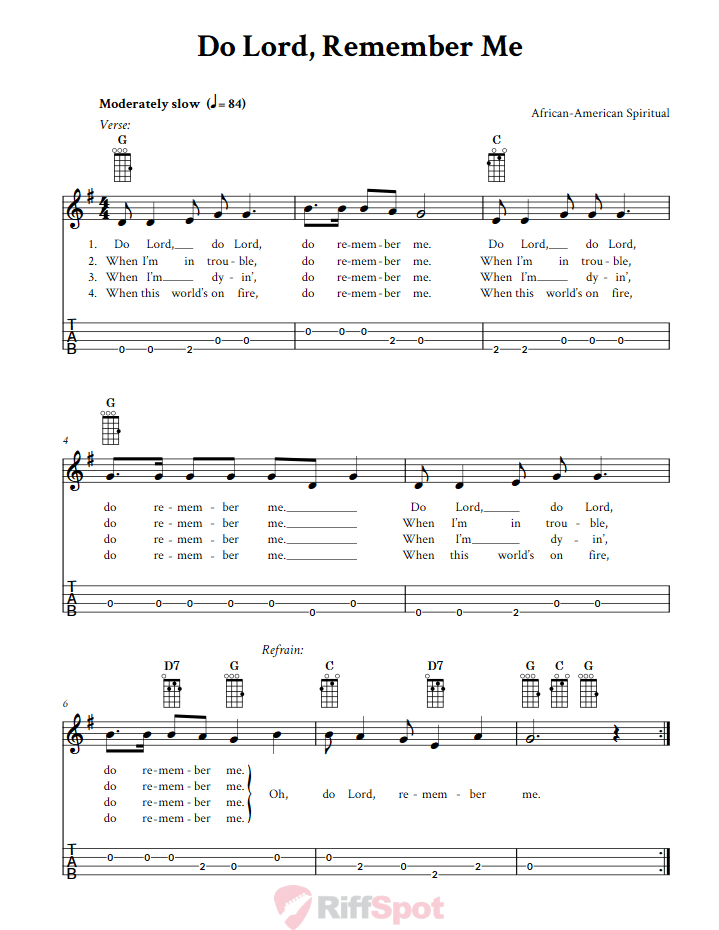 Do Lord, Remember Me  Baritone Ukulele Tab