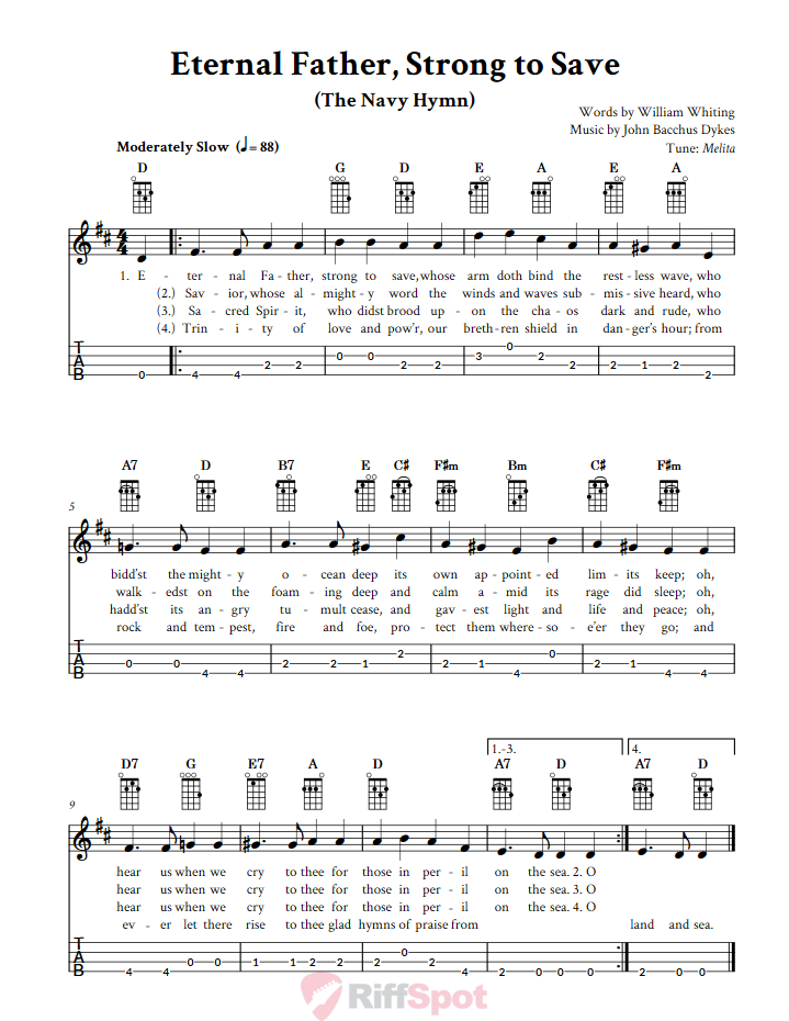 Eternal Father, Strong to Save  Baritone Ukulele Tab