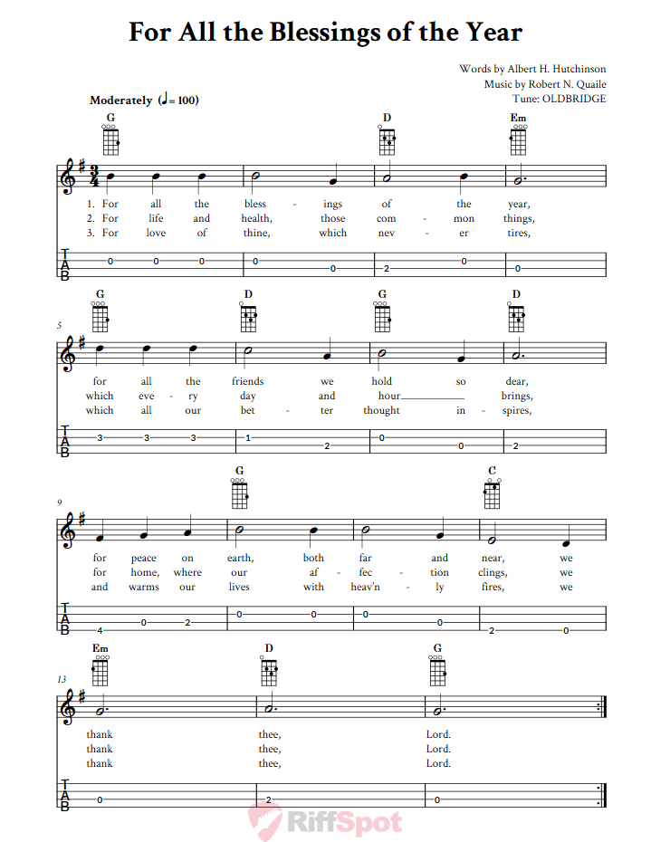 For All the Blessings of the Year  Baritone Ukulele Tab