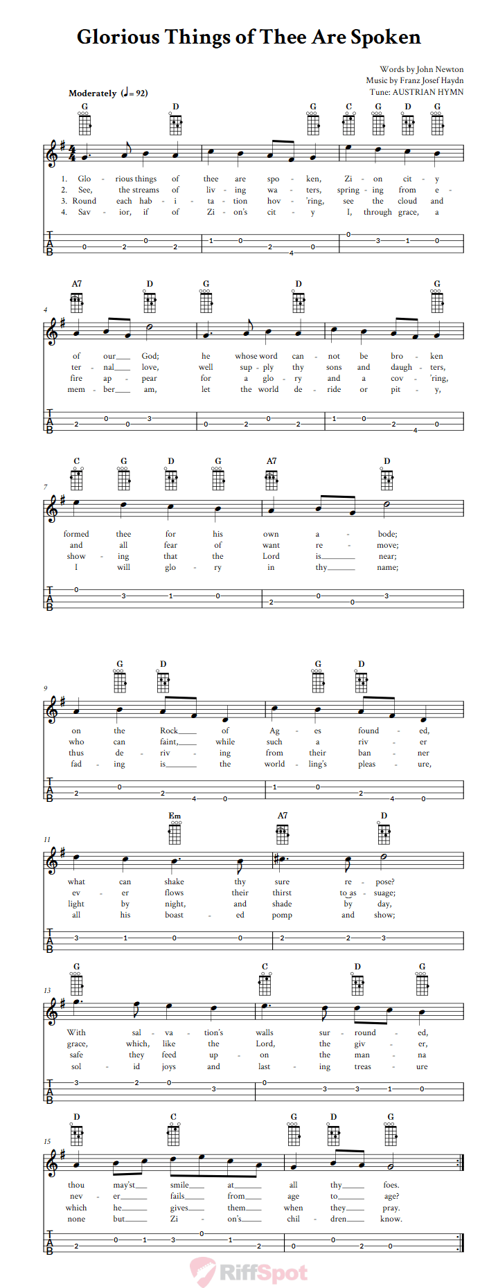 Glorious Things of Thee Are Spoken  Baritone Ukulele Tab