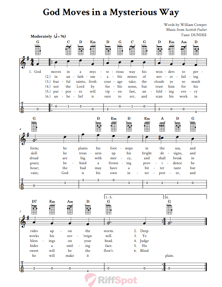 God Moves in a Mysterious Way  Baritone Ukulele Tab