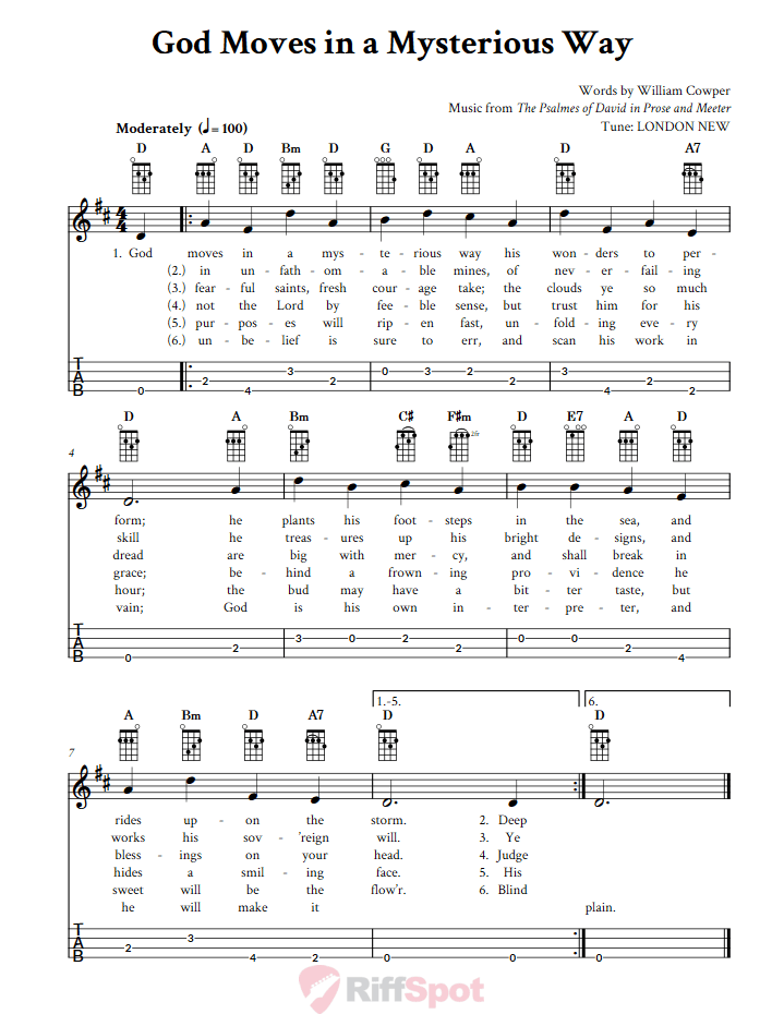 God Moves in a Mysterious Way  Baritone Ukulele Tab