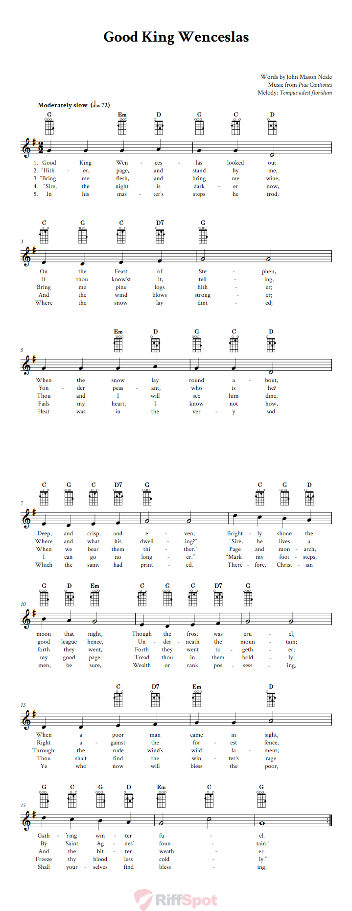 Good King Wenceslas Baritone Ukulele Chords and Vocal Sheet Music
