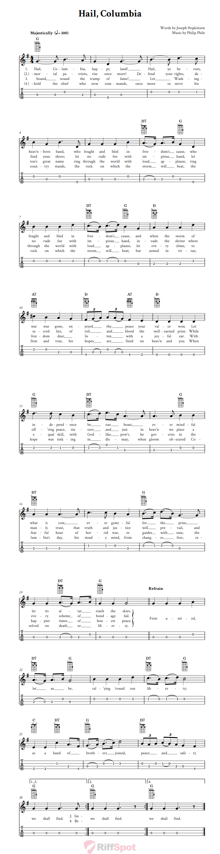 Hail, Columbia  Baritone Ukulele Tab