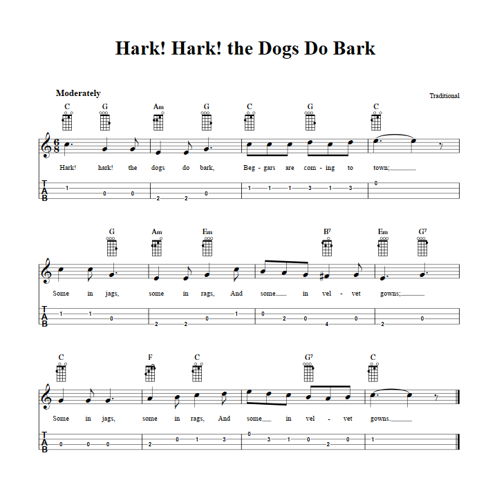 Hark! Hark! the Dogs Do Bark  Baritone Ukulele Tab